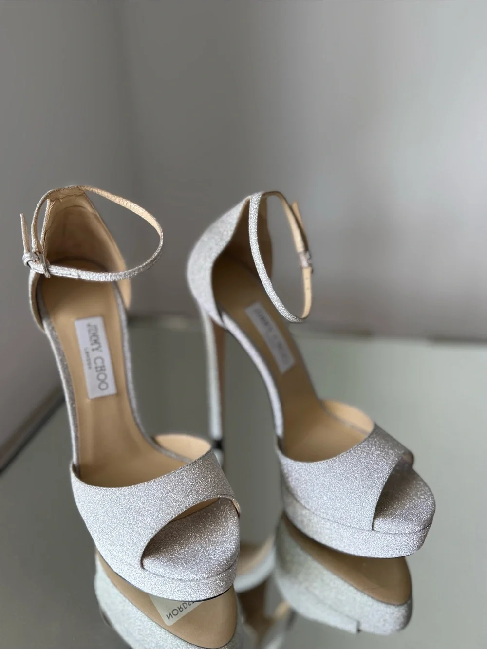 New Jimmy Choo Max 150 Metallic Silver Glitter Fabric Platform Stiletto Sandals